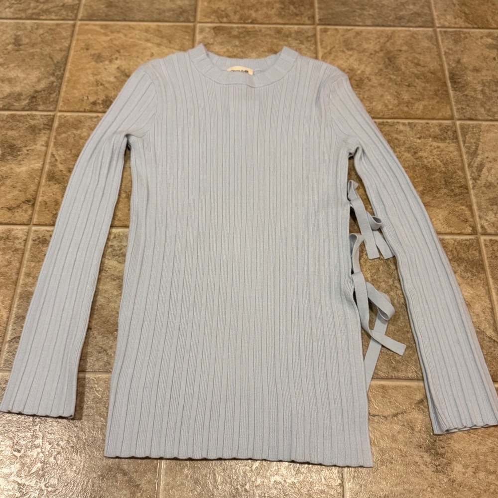 Open Edit Blue Ice Ribbed Side Tie Crew Neck Sweater Nordstrom Women S NEW